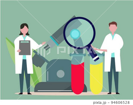 顕微鏡と試験管を使い研究をする科学者 大学院 白衣を着た医者 チームで実験を行う 。イラスト	 94606528