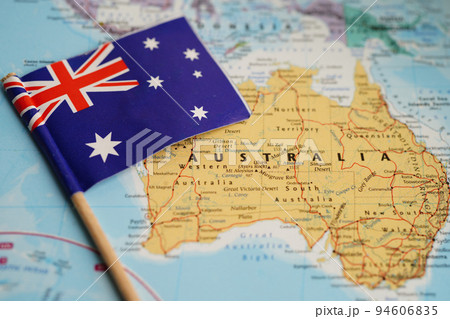 Bangkok, Thailand - May 15, 2022 Australia flag on world map. Bangkok, Thailand - May 15, 2022 Australia flag on world map. 94606835