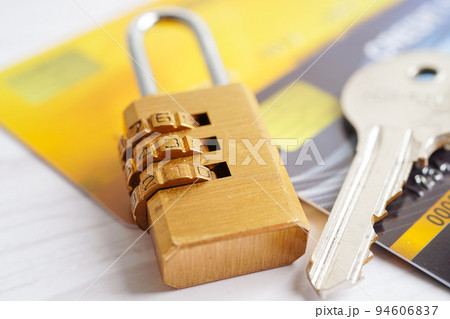 Credit card with password key lock, security finance business concept. 94606837