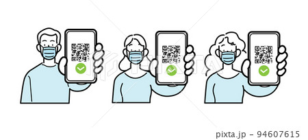 Man and woman wearing surgical masks holding digital sanitary pass Man and woman wearing surgical masks holding digital sanitary pass 94607615