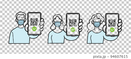 Man and woman wearing surgical masks holding digital sanitary pass Man and woman wearing surgical masks holding digital sanitary pass 94607615
