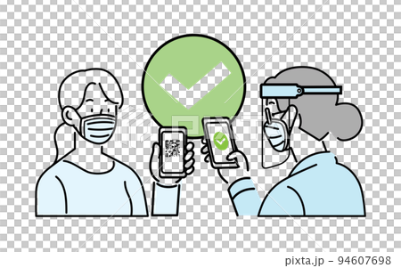 Covid pass checking- Woman wearing surgical mask holding digital pass 94607698