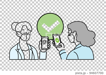 Covid pass checking- Woman employee with smartphone Covid pass checking- Woman employee with smartphone 94607700