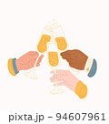 People hands toasting with champagne glasses. Celebration textured vintage illustration. 94607961