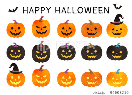 カラフルでかわいいハロウィンのジャックオランタンのセットのイラスト