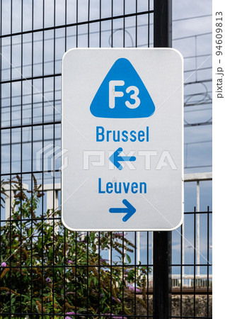 Zaventem, Flemish Brabant Region, Belgium,   Sign of the F3 fast biking trail from Brussels towards Leuven 94609813