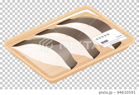 トレーに入ったカレイの切り身のイラスト トレーに入ったカレイの切り身のイラスト 94610591