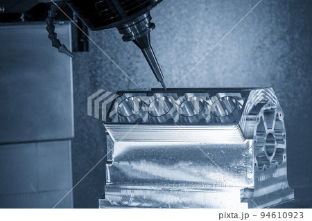 The 5-axis machining center cutting the V8 cylinder block with solid ball end mill tool. The 5-axis machining center cutting the V8 cylinder block with solid ball end mill tool. 94610923
