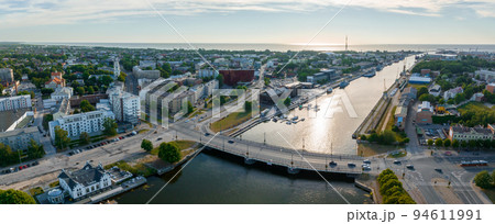 Beautiful panoramic aerial view photo of Holy Trinity Cathedral, Concert hall Great Amber city center of Liepaja city in Latvia. 94611991