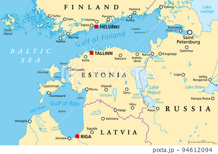 Gulf of Finland and Gulf of Riga region, political map. Nordic countries Finland, Estonia and Latvia with capitals Helsinki, Tallinn and Riga, and seaway from Baltic Sea to Saint Petersburg, Russia. 94612094