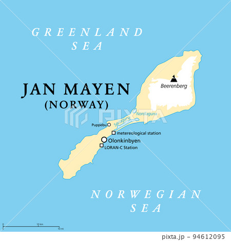 Jan Mayen, political map. Norwegian volcanic island in Arctic Ocean, between Greenland Sea and Norwegian Sea, partly covered with glaciers around Beerenberg volcano. Largest settlement is Olonkinbyen. 94612095