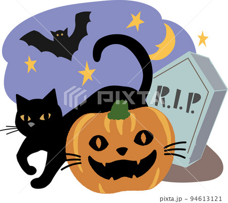 ハロウィン 猫の顔のカボチャと黒猫のイラスト素材 [94613121] - PIXTA