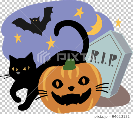 ハロウィン 猫の顔のカボチャと黒猫のイラスト素材 [94613121