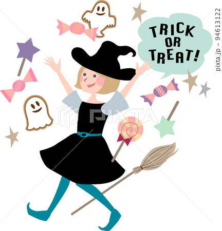 ハロウィン　お菓子をもらって喜ぶ魔女の仮装の子供 94613122