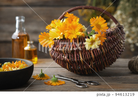 Basket of healthy calendula medicinal herbs. Marigold flowers. Bottles of calendula essential oil and infusion, fresh marigold flowers. Alternative herbal medicine. 94613219