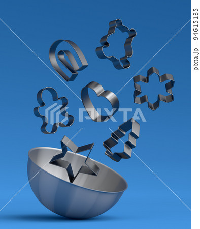 Metal bowl and cookie cutters with kitchen utensil on blue background Metal bowl and cookie cutters with kitchen utensil on blue background 94615135