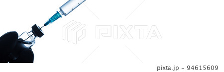 Doctor hand in gloves hold syringe and vaccine bottle on white background. Health and medical concept. Long banner Doctor hand in gloves hold syringe and vaccine bottle on white background. Health and medical concept. Long banner 94615609
