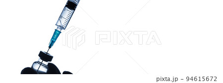 Doctor hand in gloves hold syringe and vaccine bottle on white background. Health and medical concept. Long banner Doctor hand in gloves hold syringe and vaccine bottle on white background. Health and medical concept. Long banner 94615672