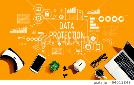 Data protection theme with electronic gadgets and office supplies Data protection theme with electronic gadgets and office supplies 94615843