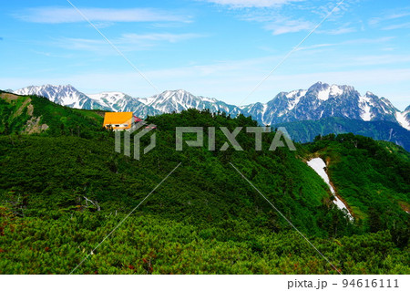 北アルプス　爺ヶ岳への登山道から見る種池山荘と立山.劔岳方面 94616111