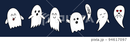 Halloween ghost doodle set. Cartoon cute characters . Hand drawn clipart, outline vector illustration isolated on dark blue background. Halloween ghost doodle set. Cartoon cute characters . Hand drawn clipart, outline vector illustration isolated on dark blue background. 94617097