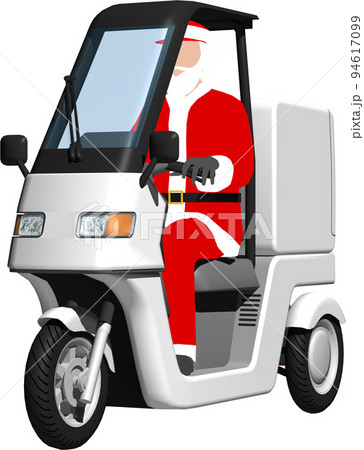 サンタクロースが乗った白い三輪車の宅配バイクのイラスト背景透明画像 94617099