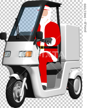 サンタクロースが乗った白い三輪車の宅配バイクのイラスト背景透明画像 94617099