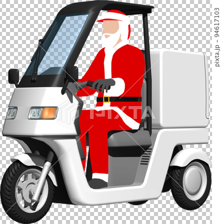 サンタクロースが乗った白い三輪車の宅配バイクのイラスト背景透明画像 94617103