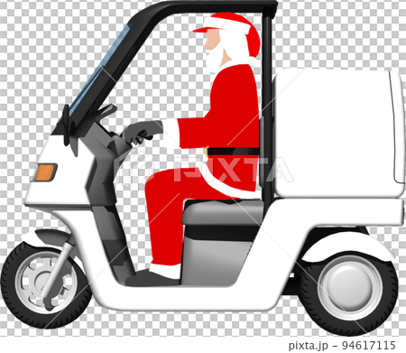 サンタクロースが乗った白い三輪車の宅配バイクのイラスト背景透明画像 94617115