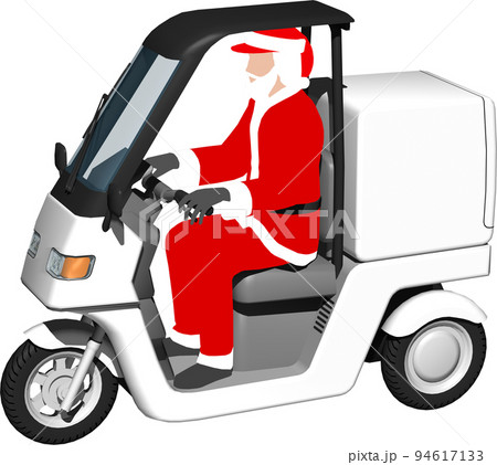 サンタクロースが乗った白い三輪車の宅配バイクのイラスト背景透明画像 94617133