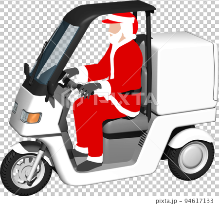 サンタクロースが乗った白い三輪車の宅配バイクのイラスト背景透明画像 94617133