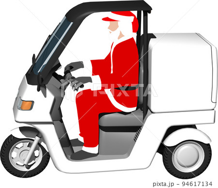 サンタクロースが乗った白い三輪車の宅配バイクのイラスト背景透明画像 94617134