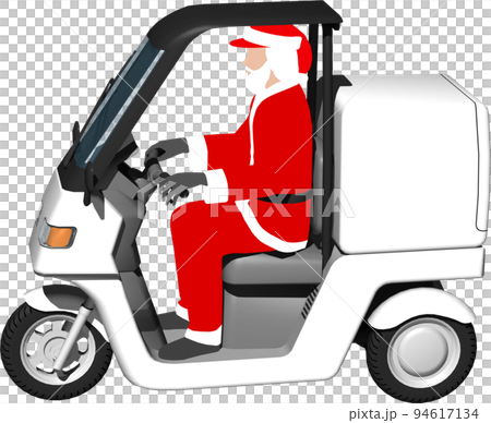 サンタクロースが乗った白い三輪車の宅配バイクのイラスト背景透明画像 94617134