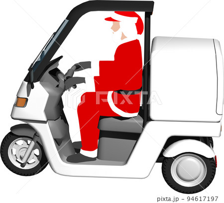 サンタクロースが乗った白い三輪車の宅配バイクのイラスト背景透明画像 94617197