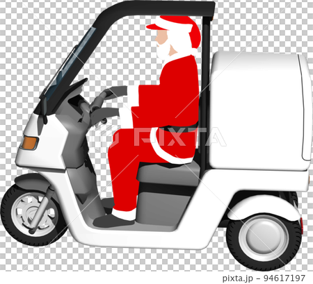 サンタクロースが乗った白い三輪車の宅配バイクのイラスト背景透明画像 94617197