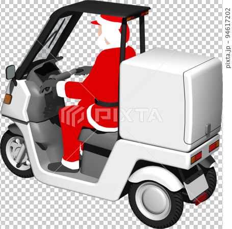 サンタクロースが乗った白い三輪車の宅配バイクのイラスト背景透明画像 94617202