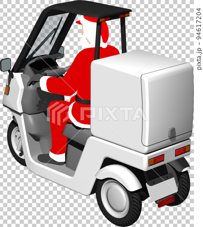 サンタクロースが乗った白い三輪車の宅配バイクのイラスト背景透明画像 94617204