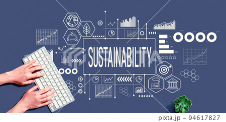 Sustainability theme with person using pc keyboard Sustainability theme with person using pc keyboard 94617827