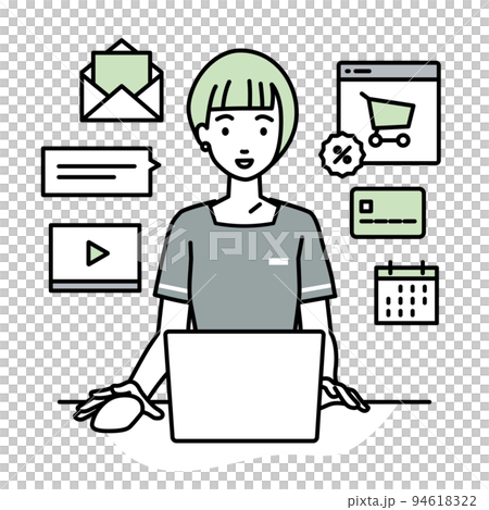 デスクで座ってPCでネットショップやマーケティングの仕事をしているエステ店員・受付・接客係の女性 94618322