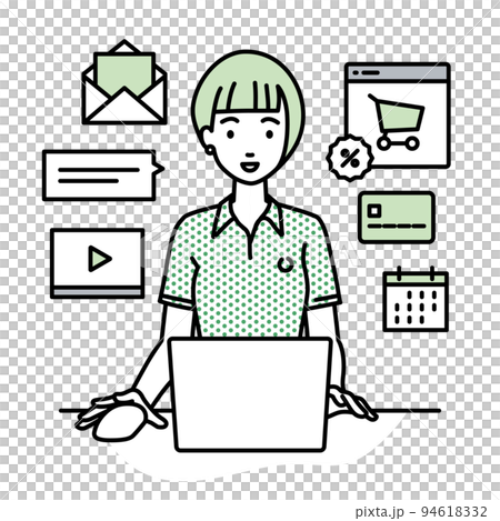 A woman in a polo shirt sitting at a desk and doing an online shop or marketing job on a PC 94618332