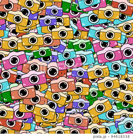 Squared banner with many colorful cameras doodle style, vector illustration. Decorative bright design for background or print, retro technique for making shots 94618338