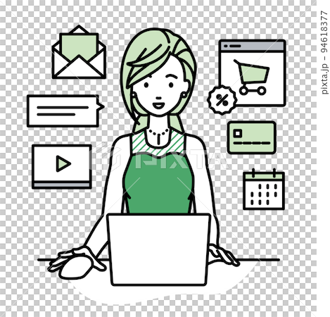 A woman in a dress sitting at a desk and doing an online shop or marketing job on a PC A woman in a dress sitting at a desk and doing an online shop or marketing job on a PC 94618377
