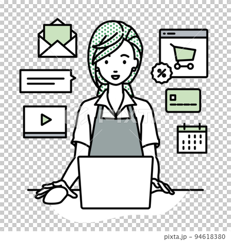 A female cafe clerk sitting at a desk and doing an online shop or marketing job on a PC A female cafe clerk sitting at a desk and doing an online shop or marketing job on a PC 94618380