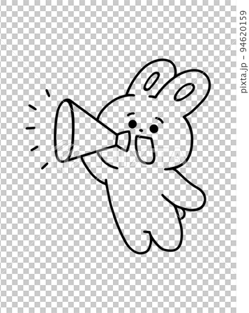 メガホンを持ってお知らせするウサギ／線画・モノクロ 94620159