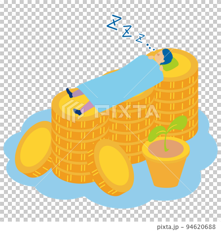 A man sleeping on a coin that represents the market price even if he rests 94620688