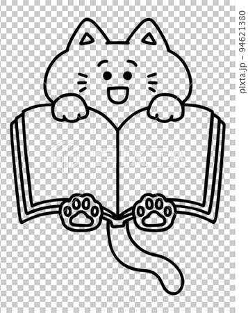 打開書本、筆記本、帶記事本的貓、字符空間、標題框/線條圖、單色 94621380