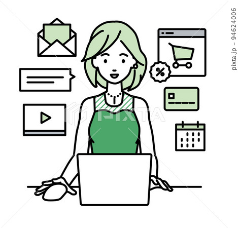 デスクで座ってPCでネットショップやマーケティングの仕事をしているドレスの女性 デスクで座ってPCでネットショップやマーケティングの仕事をしているドレスの女性 94624006
