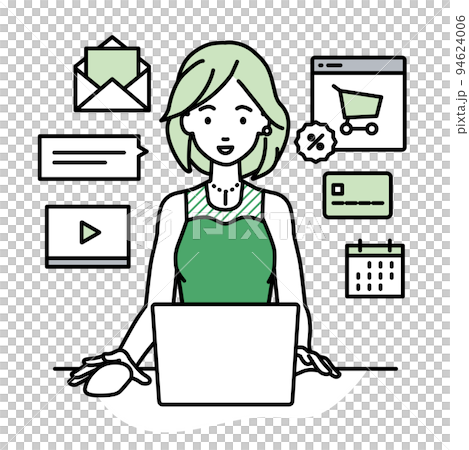 デスクで座ってPCでネットショップやマーケティングの仕事をしているドレスの女性 デスクで座ってPCでネットショップやマーケティングの仕事をしているドレスの女性 94624006