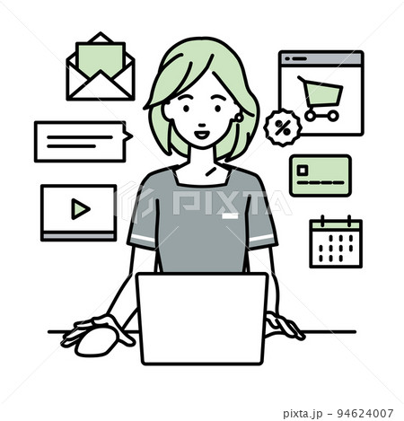 デスクで座ってPCでネットショップやマーケティングの仕事をしているエステ店員・受付・接客係の女性 デスクで座ってPCでネットショップやマーケティングの仕事をしているエステ店員・受付・接客係の女性 94624007