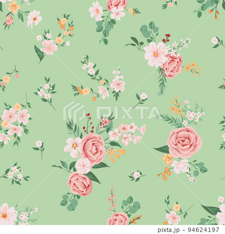 Contemporary floral print with small garden flowers on field for digital background and textile in millefleur style ,ornate vector template Contemporary floral print with small garden flowers on field for digital background and textile in millefleur style ,ornate vector template 94624197